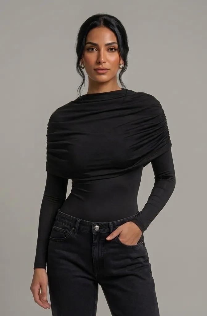 Draped Off-Shoulder Long Sleeve Top (Black, S)
